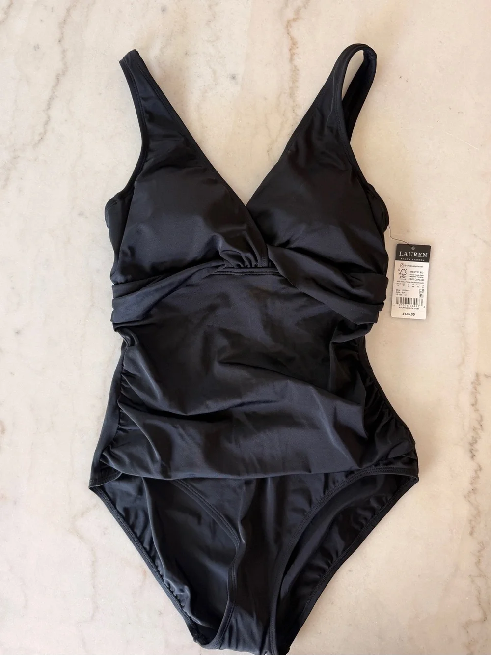 Ralph Lauren Black V-Neck One-Piece Swimsuit - Picture 1 of 4